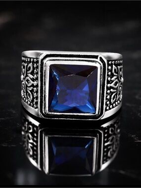 Men's 925 Silver Ring with Blue Square Gem